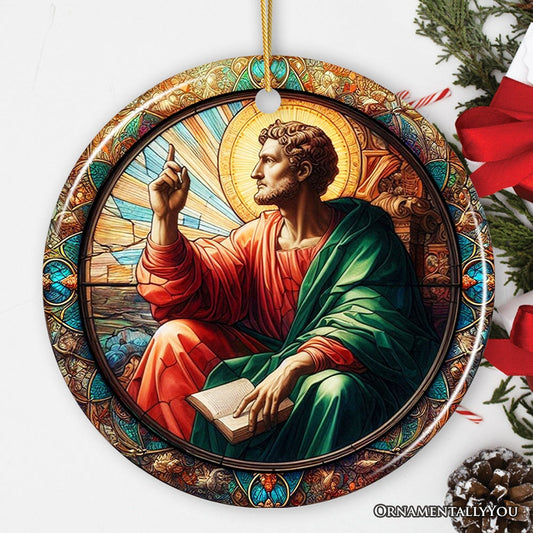 Artistic Man With a Book in Renaissance Italy Painting Ornament, Stained Glass Themed Medieval Christmas Keepsake