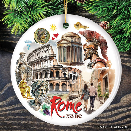 Artistic Rome Landmark Collage Ornament, Italy Christmas Gift with Roman Colosseum and Statues