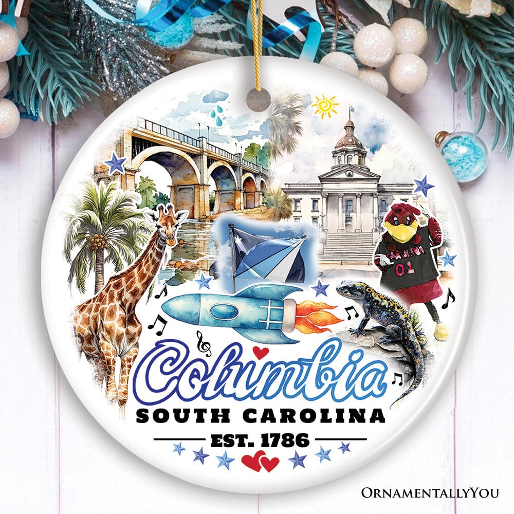 Artistic Souvenir of Columbia City Landmarks and Icons Ceramic Ornament, the Heart of South Carolina