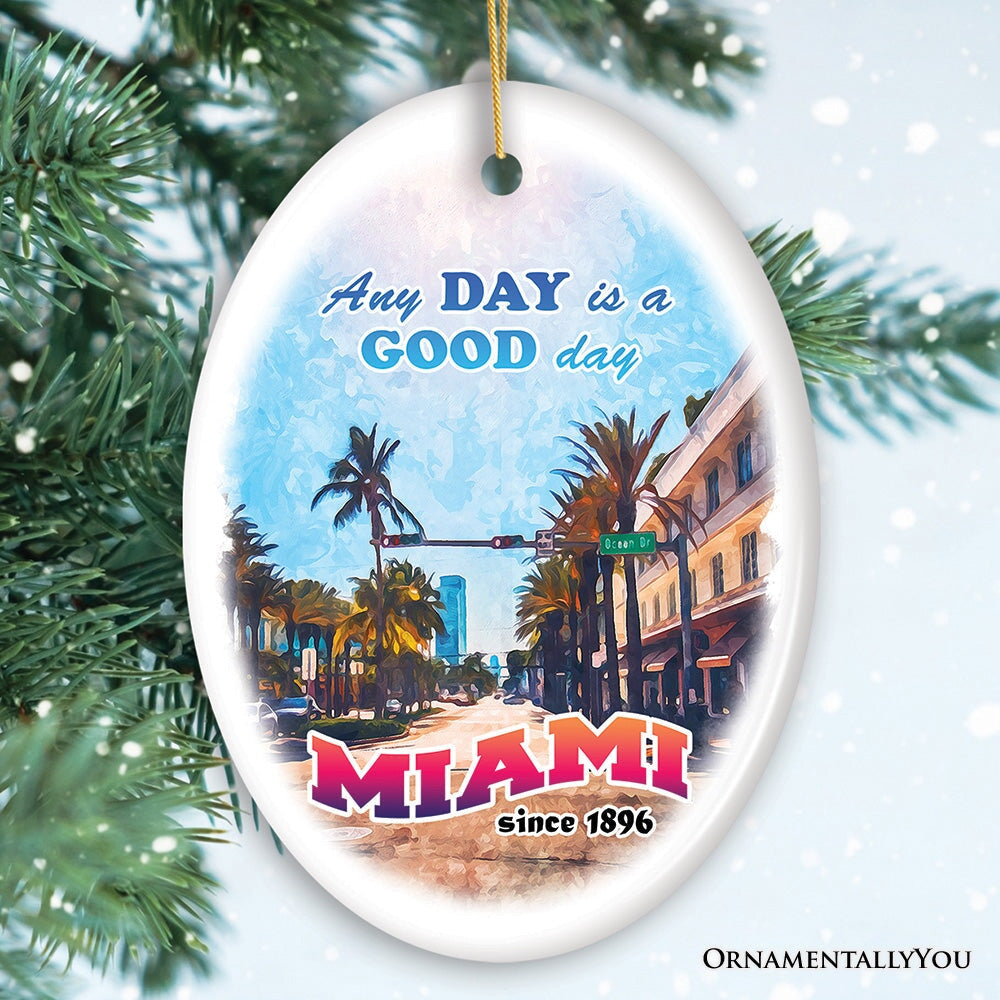 Classic Miami Living Stroll Through Paradise Ornament, Scenic Ocean Drive Artwork Souvenir