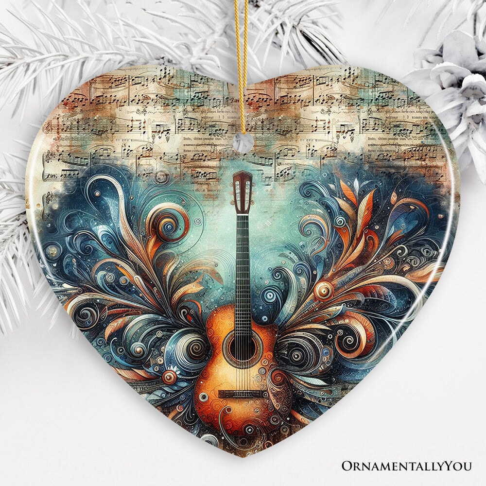 Elegantly Artistic Guitar and Music Sheet Ornament, Guitarist Musician Christmas Gift