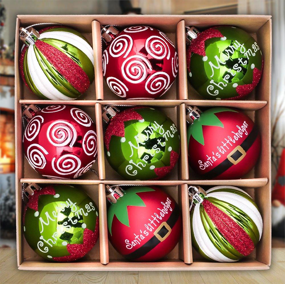 Elf Theme Christmas Ornament Set, 9 Baubles Green and Red