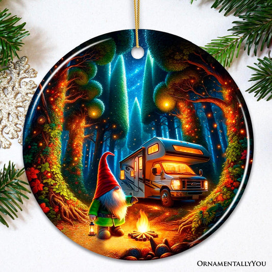 Enchanted Camper Gnome Forest Haven Ornament, Magical Twilight Christmas Ornament