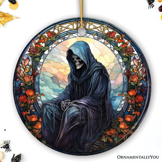 Ethereal Revenant: Halloween Angel of Death Stained Glass Style Ceramic Ornament, Halloween Themed Christmas Gift