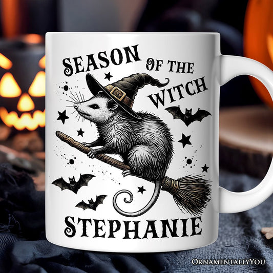 Funny Opossum Witch with Broom Personalized Mug, Vintage Halloween Gift with Custom Name