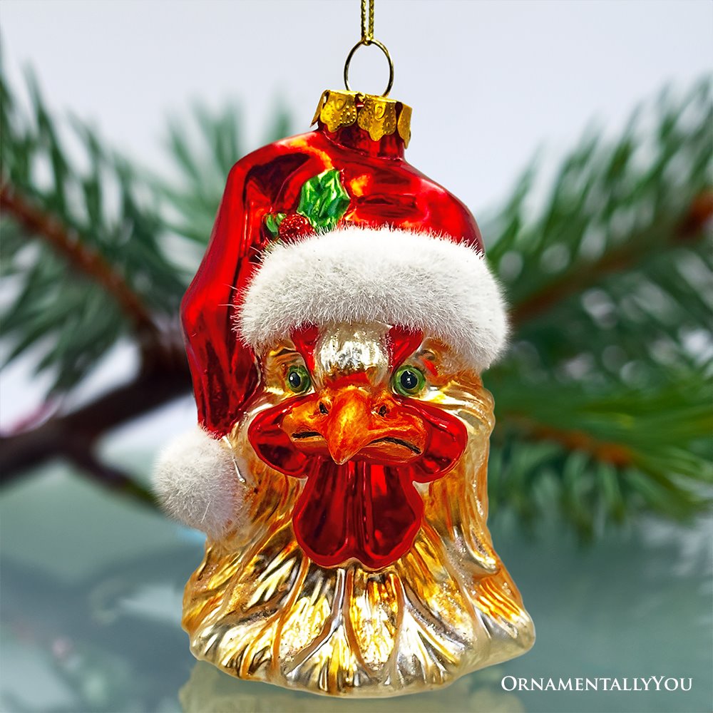 Rooster with Santa Hat Handblown Glass Christmas Ornament, Farm Chicken Holiday Decor