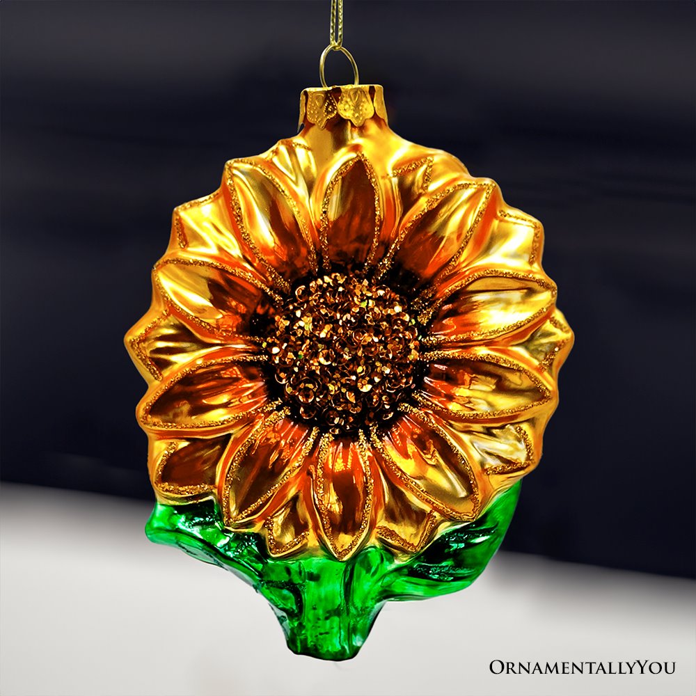 Glossy Charming Sunflower Glass Christmas Ornament, Flower Holiday Decor