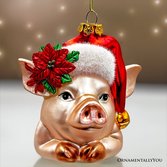 Charming Pig with Santa Hat Glass Christmas Ornament, Cute Farmhouse Tree Decor