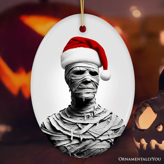 Ghoulish Mummy with Santa Hat Ornament, Sinister Holiday Keepsake for Halloween Lovers