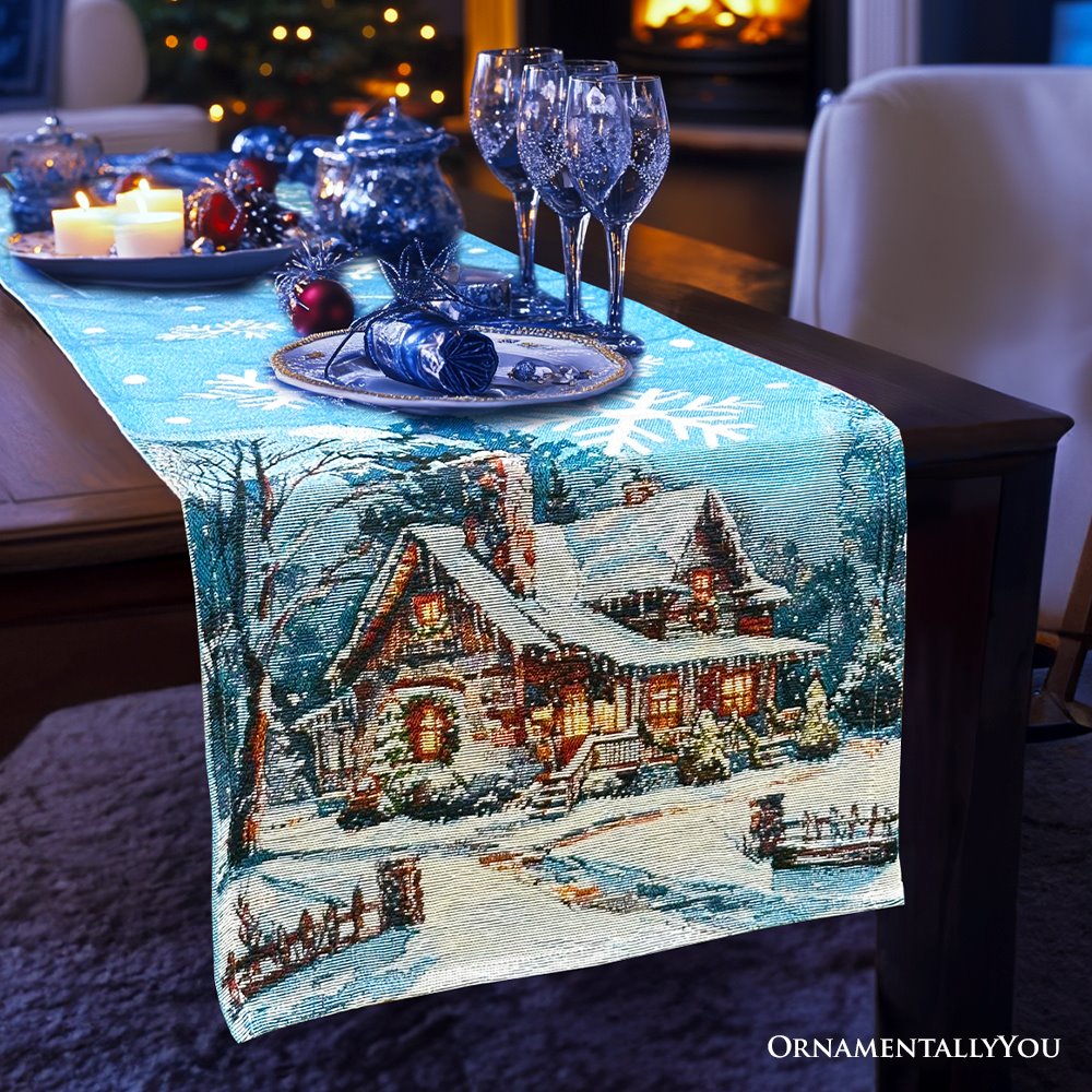 Gracefully Artful Winter Cabin 72" Table Runner, Merry Christmas Blue Rectangle Tablecloth with Snowflakes