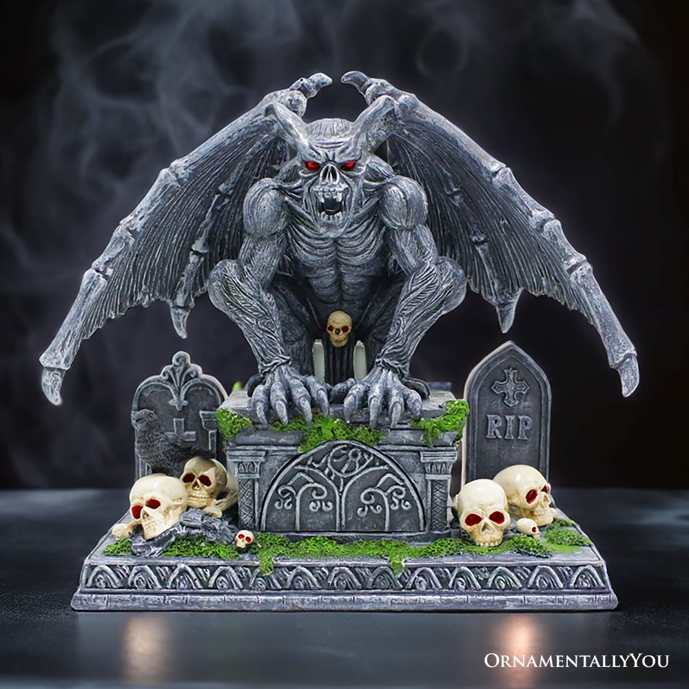 Grave Guardian Gargoyle Figurine, 7" Solar Powered Gothic Halloween Garden Statue