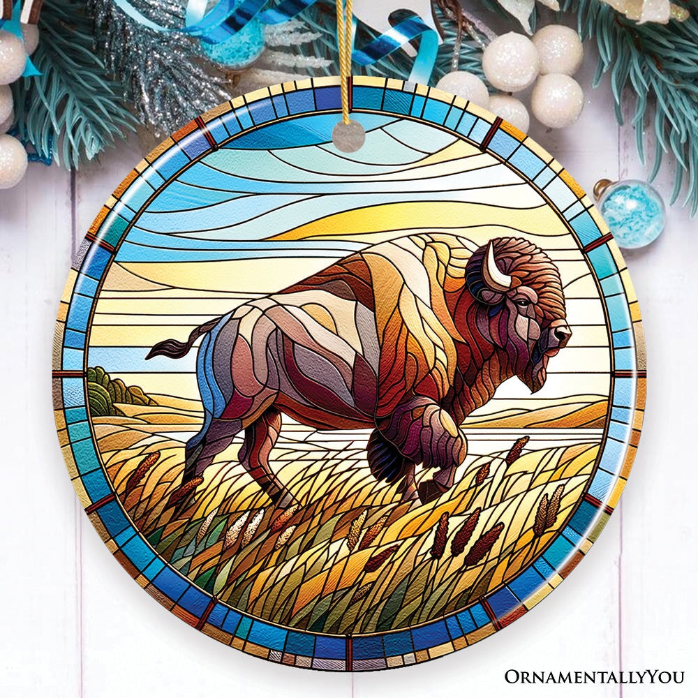 Great Plains Bison Stained Glass Themed Ceramic Ornament, Nature of the American Wild West