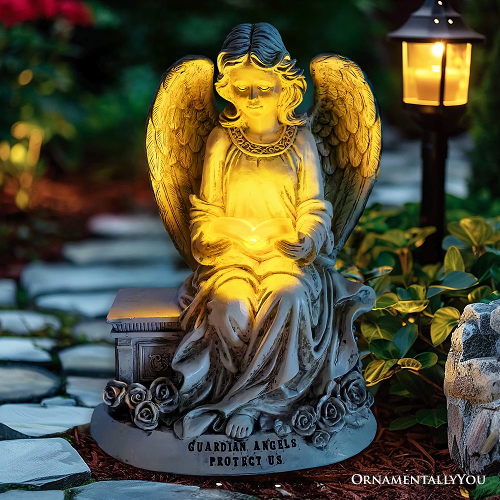 Guardian Angel Reading Book Garden Statue, 10" Solar Powered Angelic Outdoor Figurine