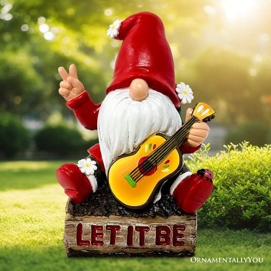 Hippy Gnome with Guitar Garden Statue, Unique Flowers and Peace Sign