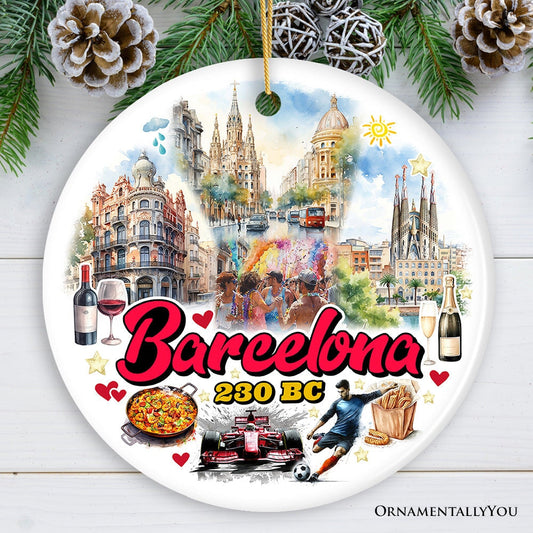 Illustrated Barcelona Landmarks Ceramic Ornament, Spain Travel Souvenir and Christmas Gift