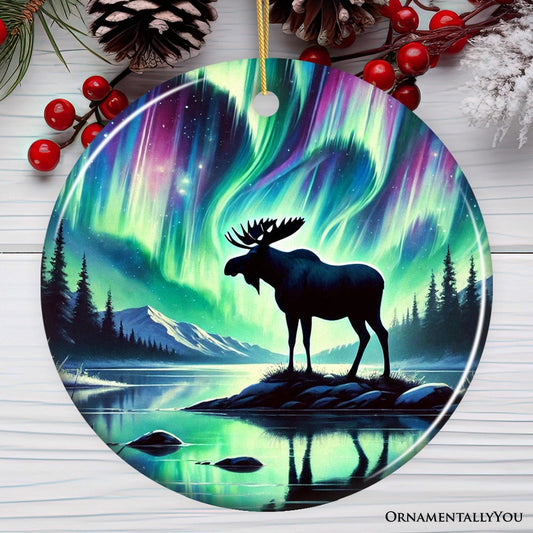 Majestic Moose Under Northern Lights Ornament, Gift for Enchanted Christmas