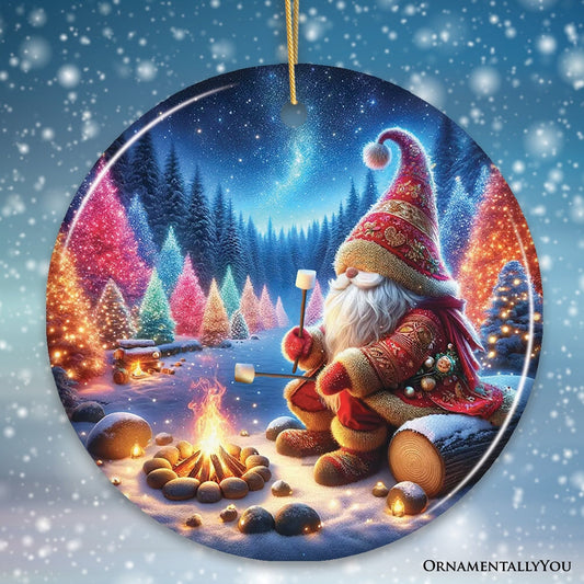 Majestic Winter World Gnome Camper Ceramic Christmas Ornament, Luminescent Forest and Starry Night