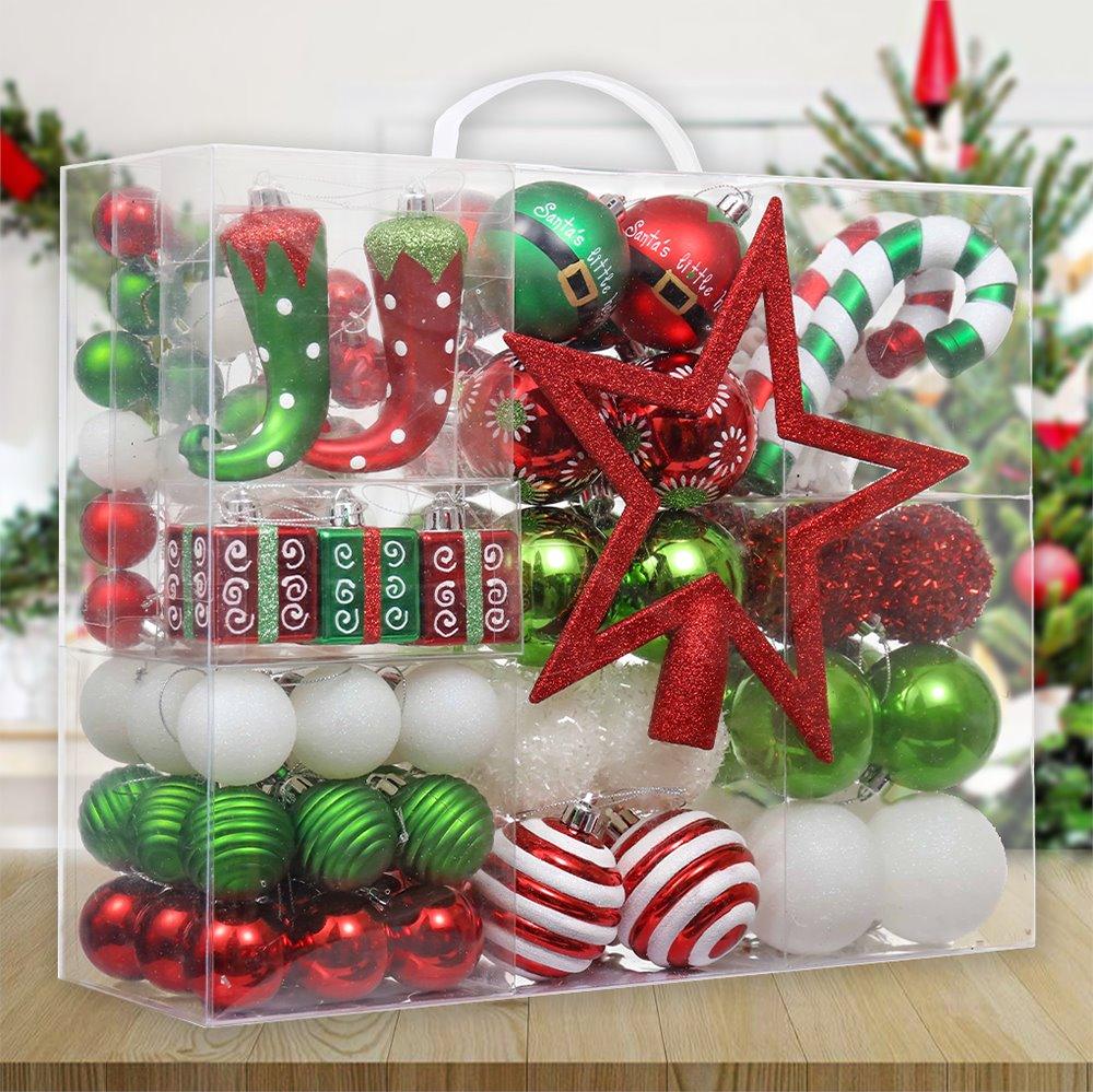 Mega Elf Christmas Ornament Bundle Set, 100 Assorted Baubles of Greens, Reds, Candycanes, and Gift Boxes