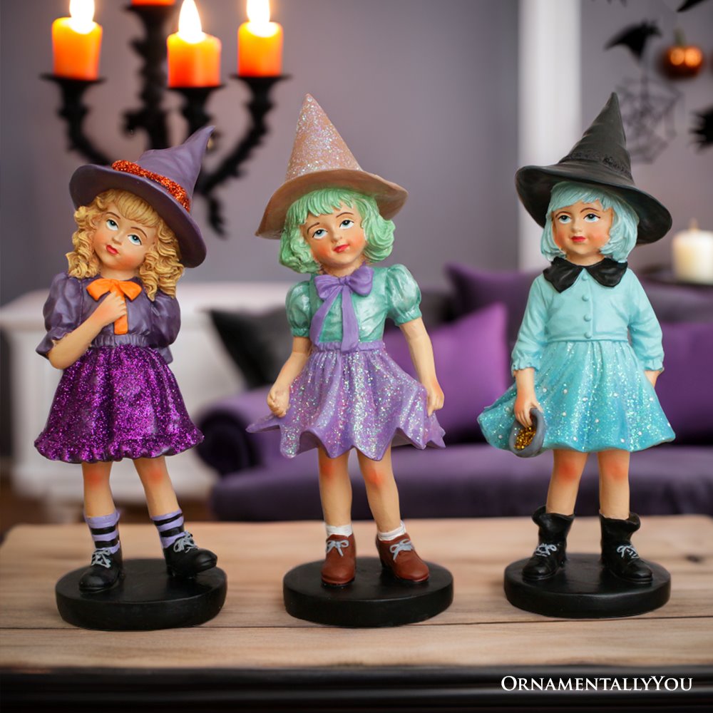 Mystical Victorian Witch Sisters Set of Three Figurines, Enchanted 6" Statues for a Bewitching Halloween Tabletop Display