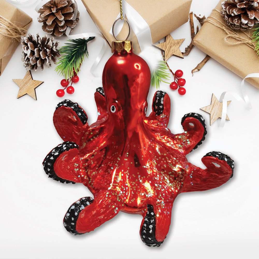 Pacific Octopus Blown Glass Christmas Ornament, Sea Animal Creature