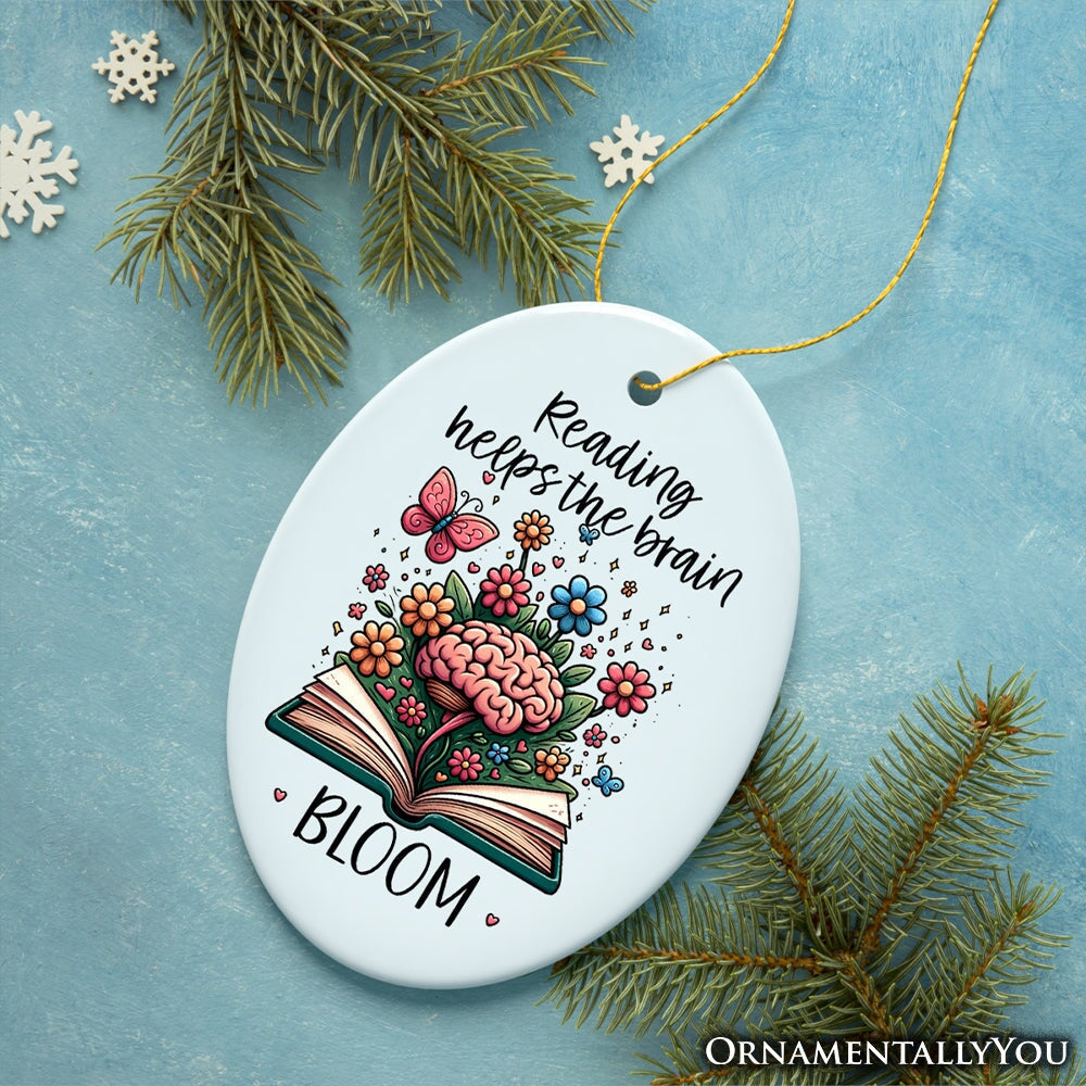 Reading Helps the Brain Bloom Unique Handcrafted Ornament, Booklover Gift with Flowers and Butterflies Art