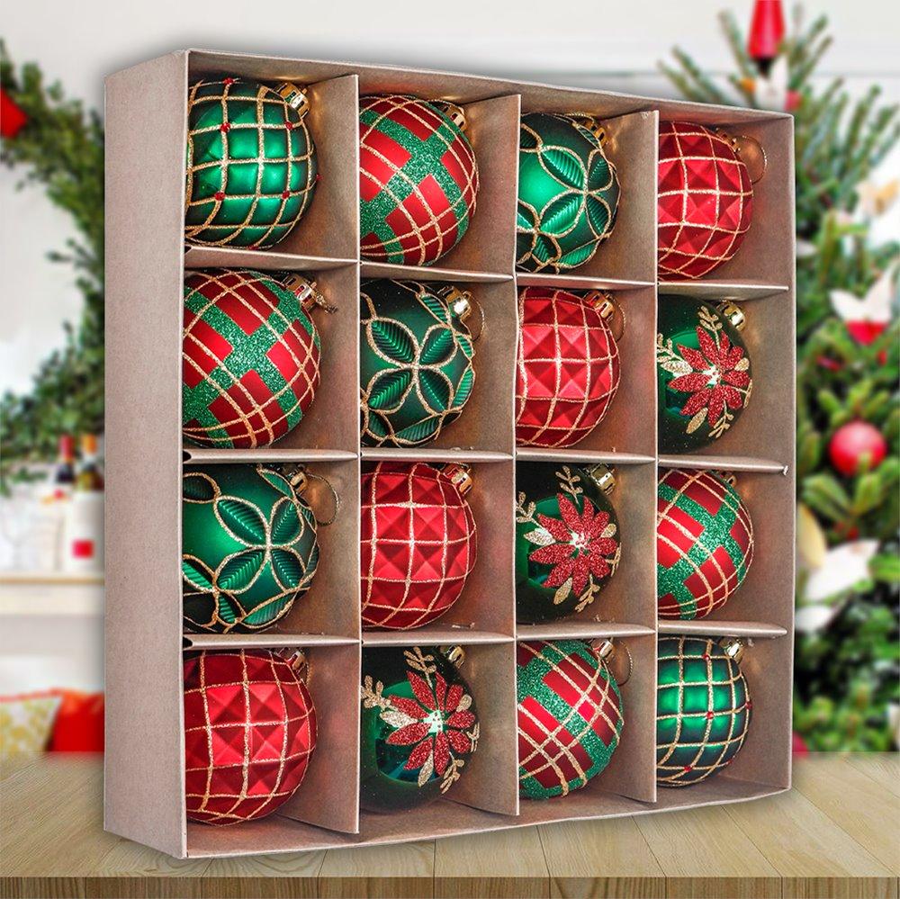 Red Green and Gold Majestic Christmas Ornament Bundle Set, 16 Baubles