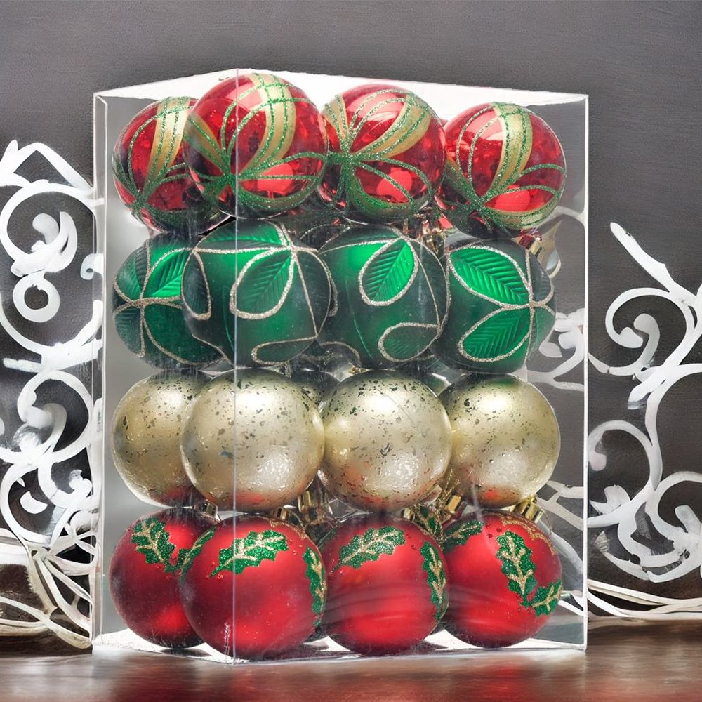 Refined Ornament Bauble Set, 24 Piece Red, Gold, and Green Glitter Christmas Bundle