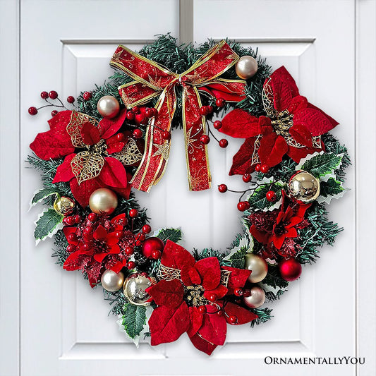 Refined Red and Gold 20" Christmas Wreath, Poinsettias, Ribbons and Ornament Baubles