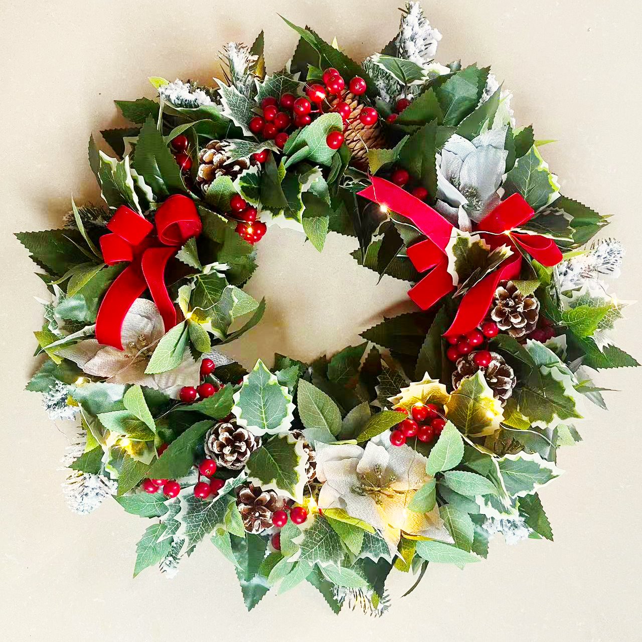 Regal Holiday Glam 24 Christmas Wreath, Prelit with Frosty Branches, Snowy Pinecones, Red Bows and Berry Clusters