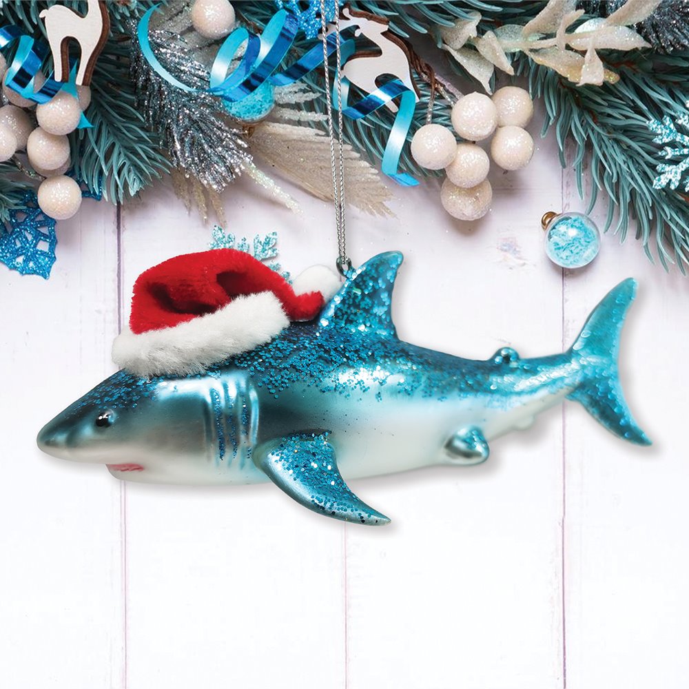 Shark with Santa Hat Glass Christmas Ornament