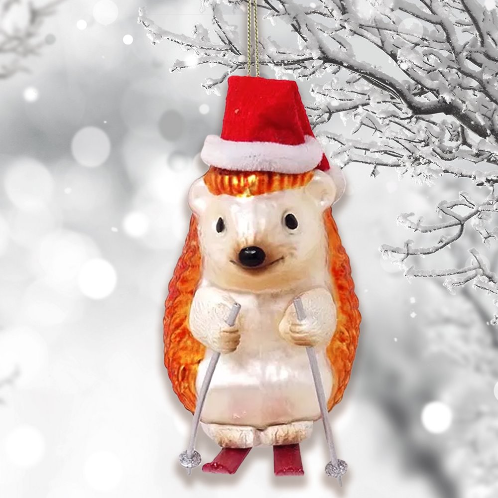 Skiing Hedgehog Christmas Glass Ornament