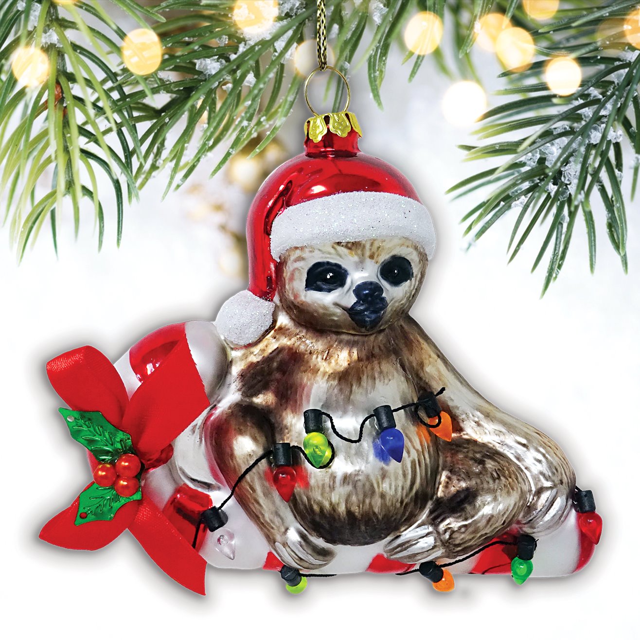 Sloth and Candy Cane Glass Christmas Ornament