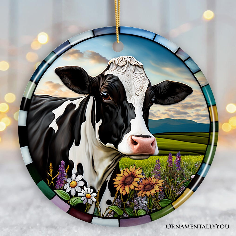 Stained Glass Bucolic Farm Cow Scene in the Pasture Ornament