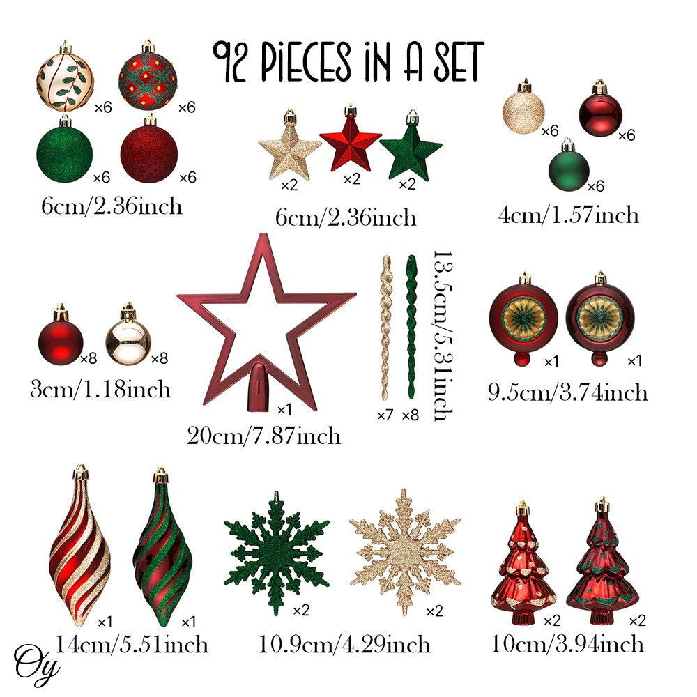 Alluring Large Christmas Ornament Set, Unique Red Green and Gold Baubles, 92 Charms and Snow Covered Trees with Dark Red Tree Topper