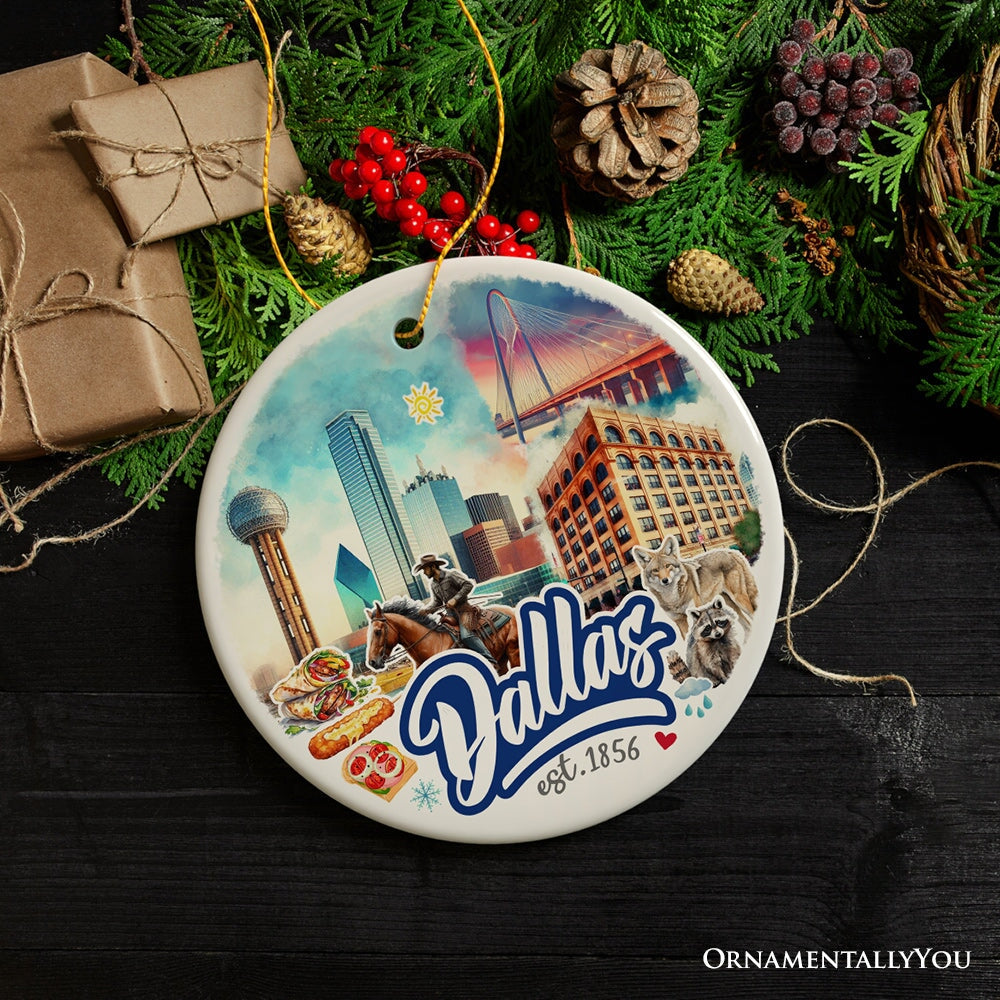 Artistic Dallas Texas Christmas Ornament, Unique Ceramic Keepsake Souvenir and Gift