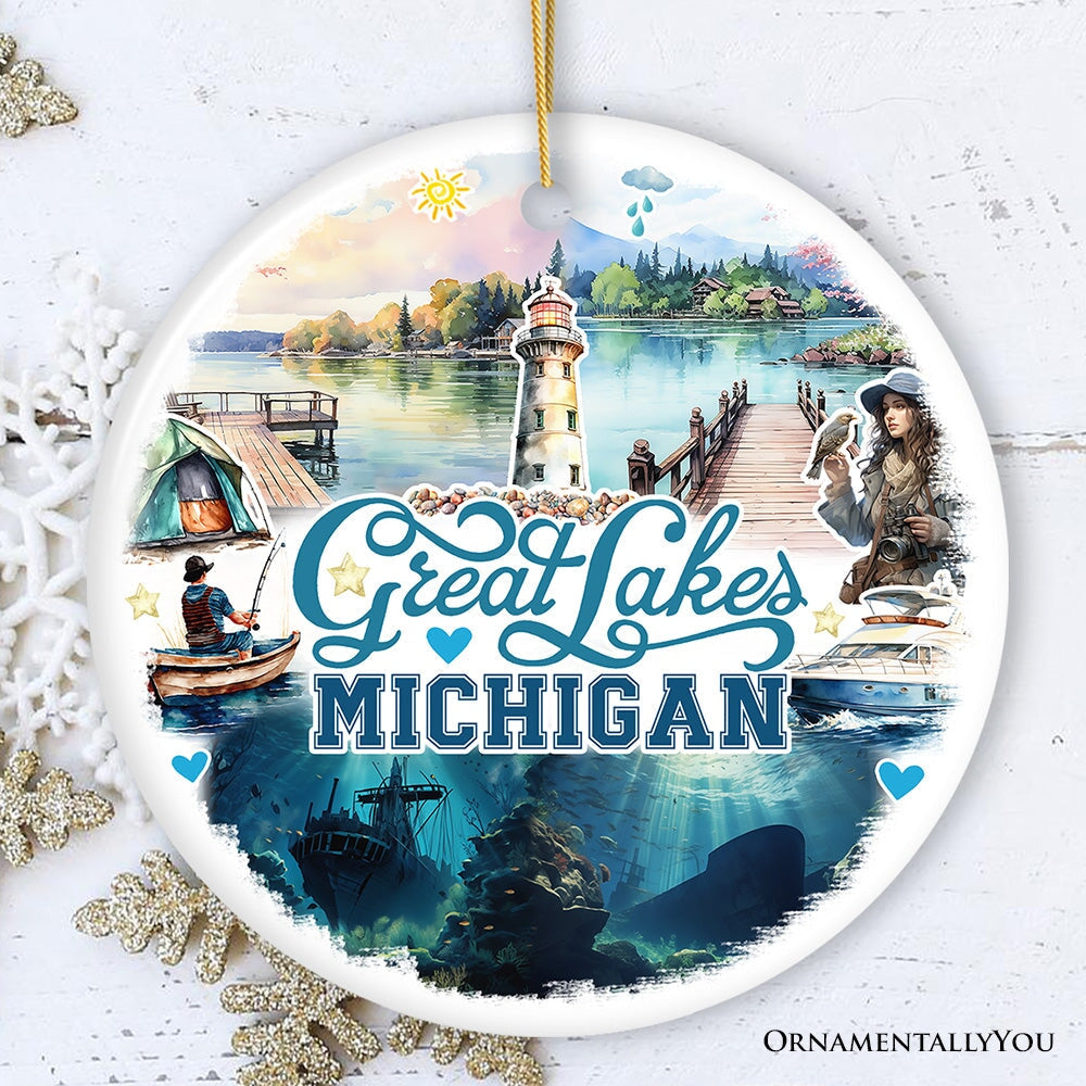 Artistic Great Lakes Michigan State Ornament, Ceramic Landscapes and Travel Souvenir and Gift