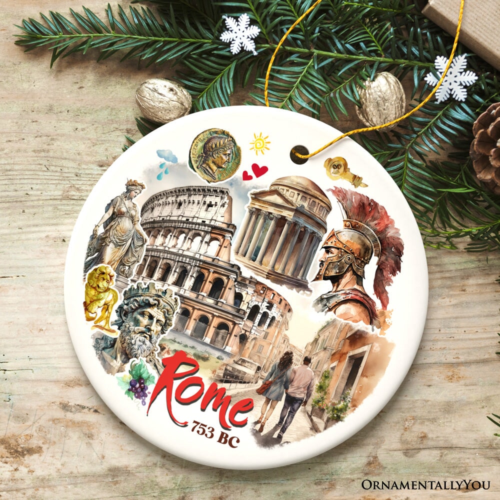 Artistic Rome Landmark Collage Ornament, Italy Christmas Gift with Roman Colosseum and Statues