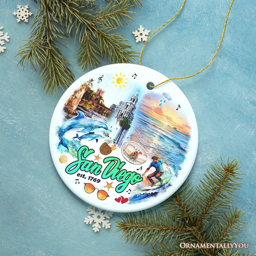 Artistic San Diego Christmas Ornament, Keepsake Souvenir and Gift