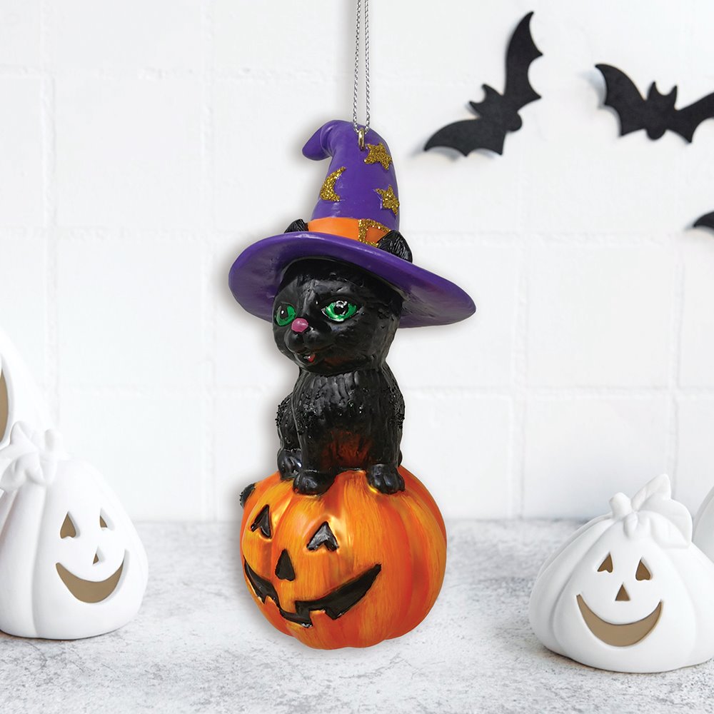 Black Cat on Pumpkin Spooky Glass Christmas Ornament, Witch Hat Halloween Theme