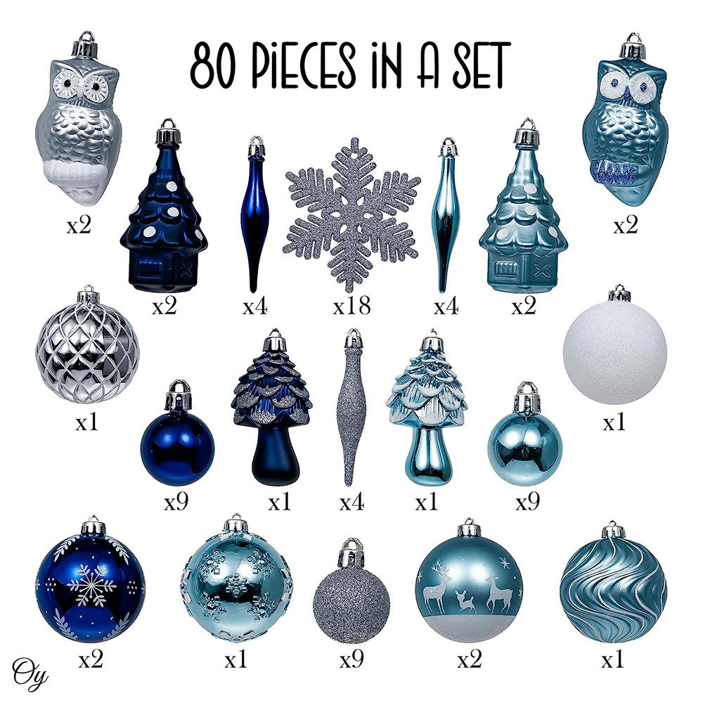 Blue and Silver Ornament Bundle Set, Owls and Glittery Winter Tree 80 Piece Set