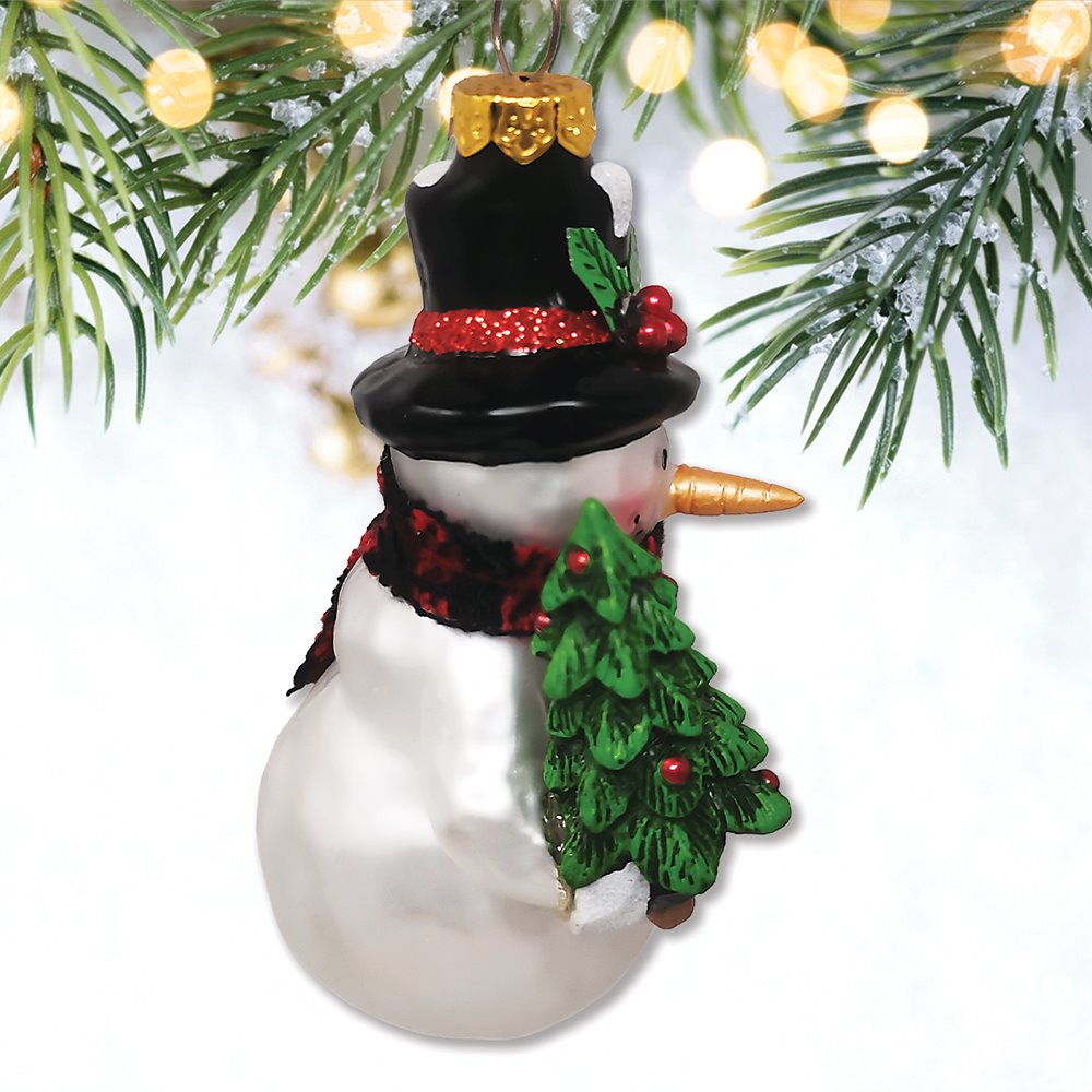 Comfy Snowman and Radiant Christmas Tree Blown Glass Holiday Ornament