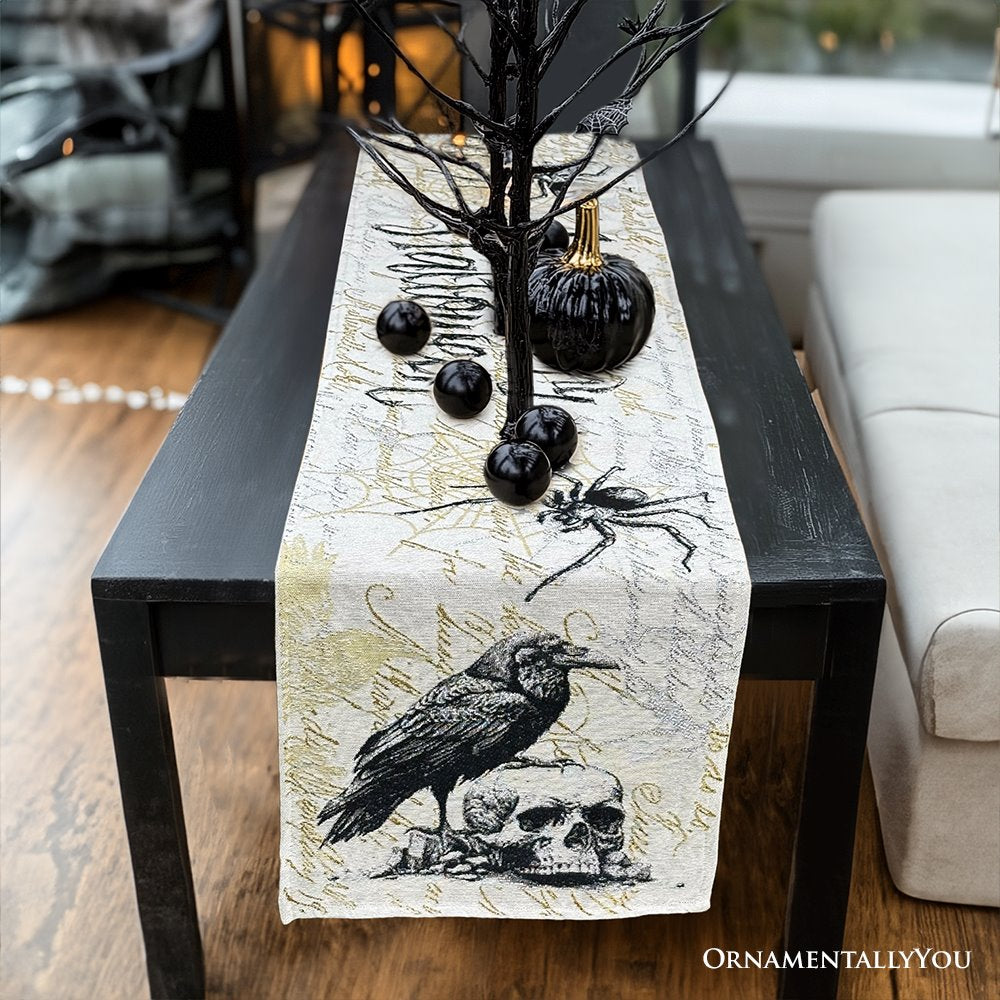 Elegant 72" Gothic Jacquard Table Runner, Halloween Tablecloth with Spider Webs and Black Ravens