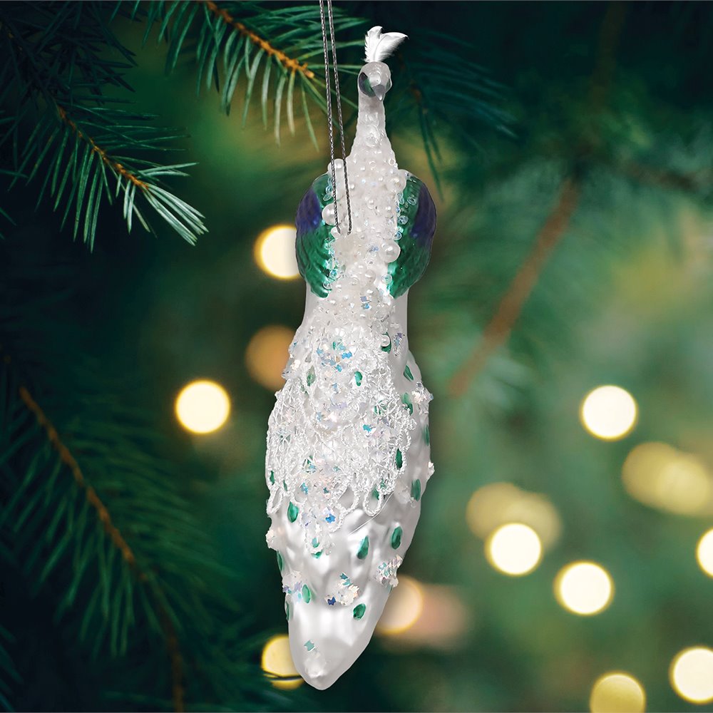 Elegant Winter Peacock Glass Christmas Ornament