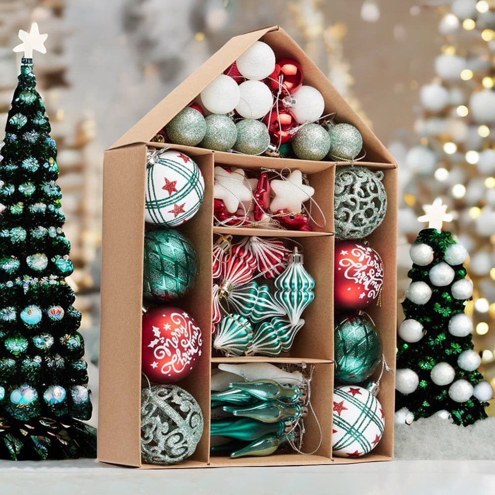 Elegantly Distinct Set of Christmas Ornaments Magenta, Green, White and Red Baubles, Icicles and Stars