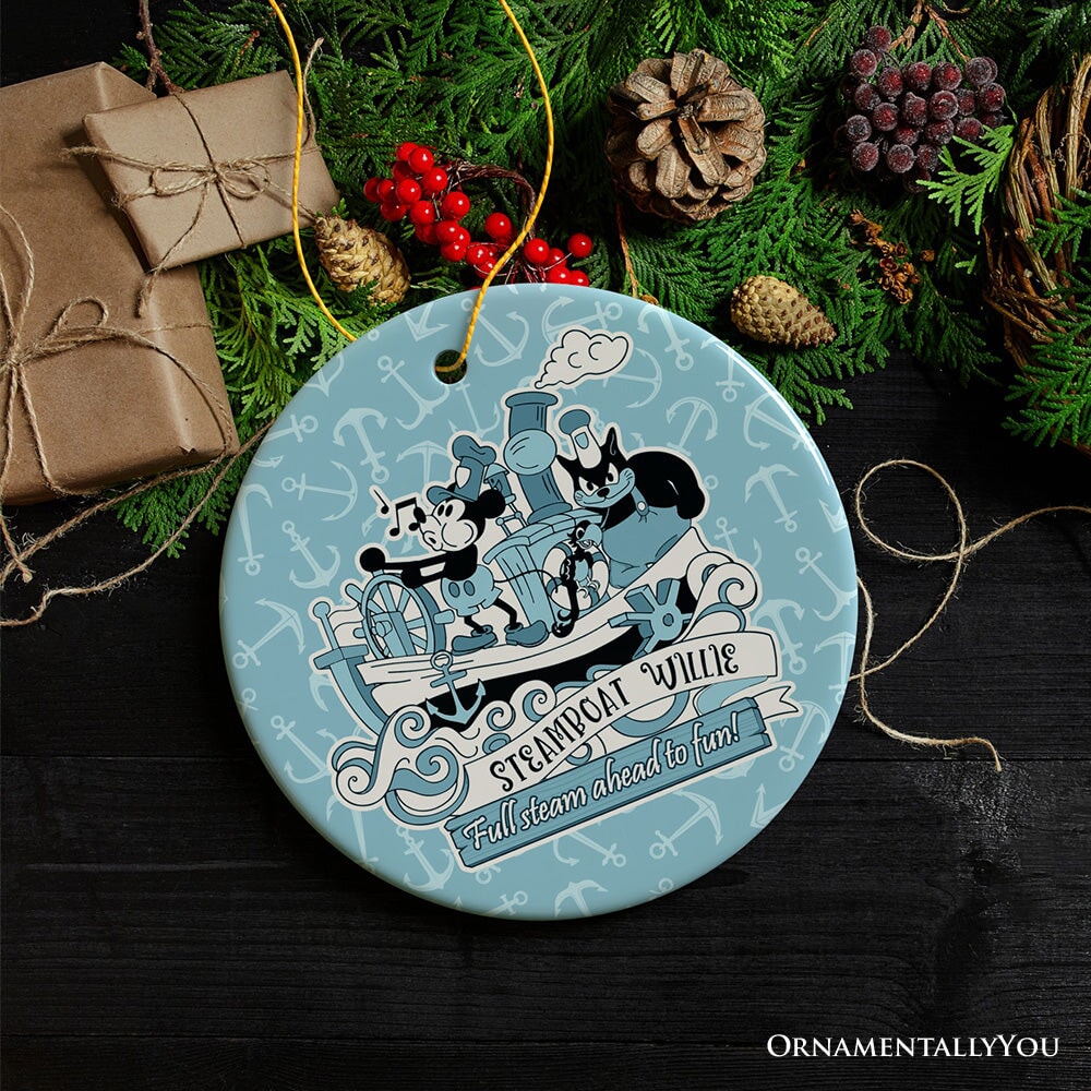 Full Steam Ahead to Fun Quote Ornament, Nostalgic Steamboat Willie Christmas Gift