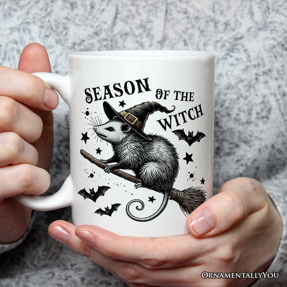 Funny Opossum Witch with Broom Personalized Mug, Vintage Halloween Gift with Custom Name