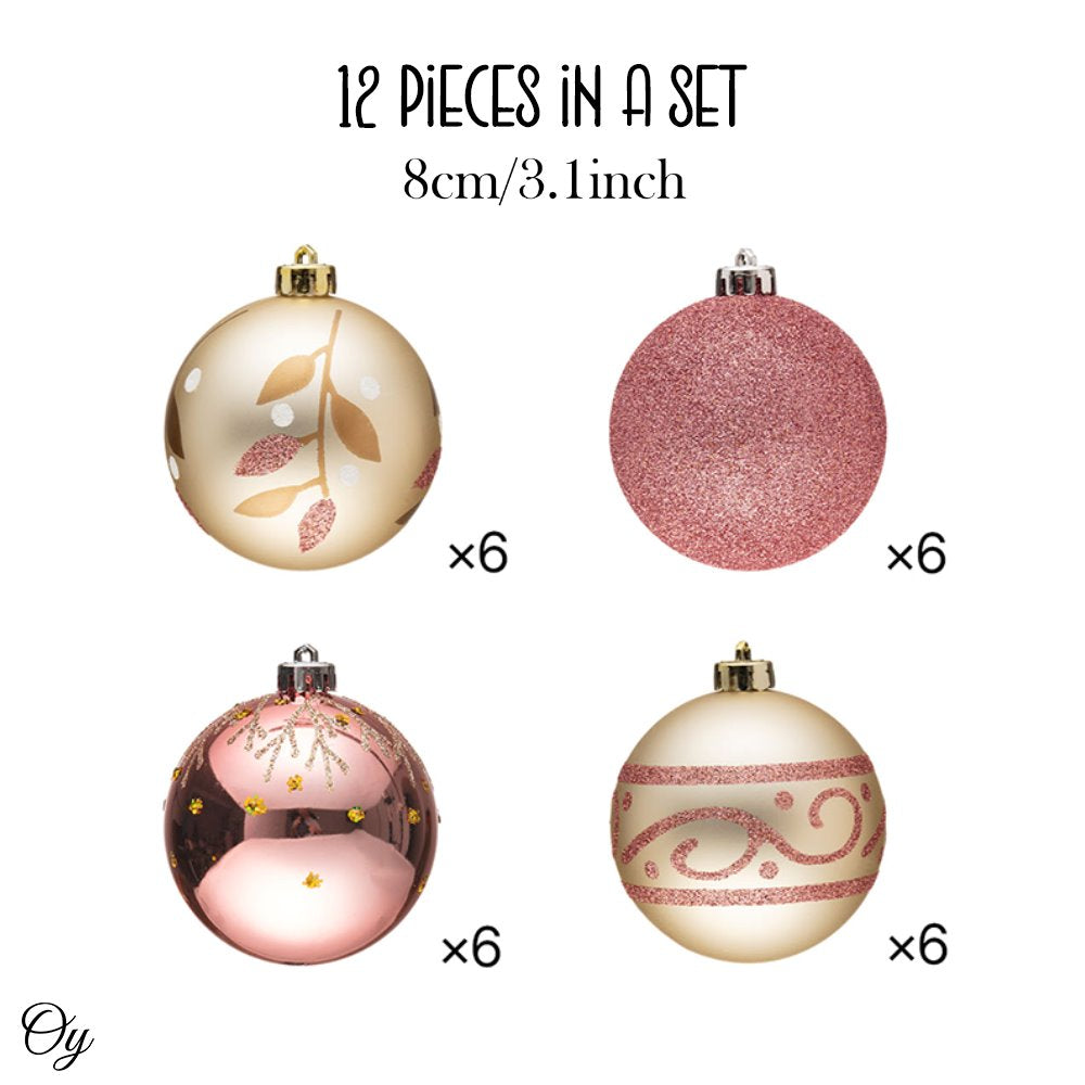 Glamorous and Cute Shiny Pink and Rose Gold Christmas Ornament Set, Glittered and Girly Feminine Holiday Baubles