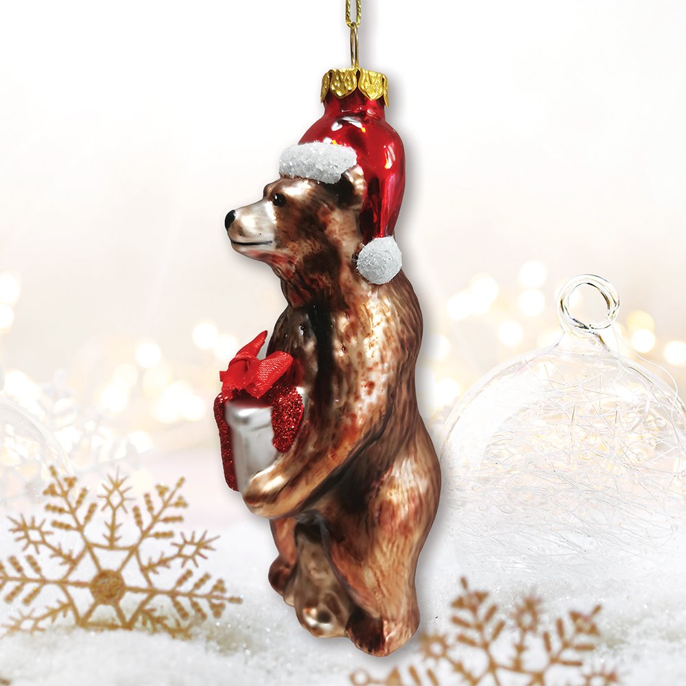 Grizzly Bear with Santa Hat and Gift Glass Christmas Ornament