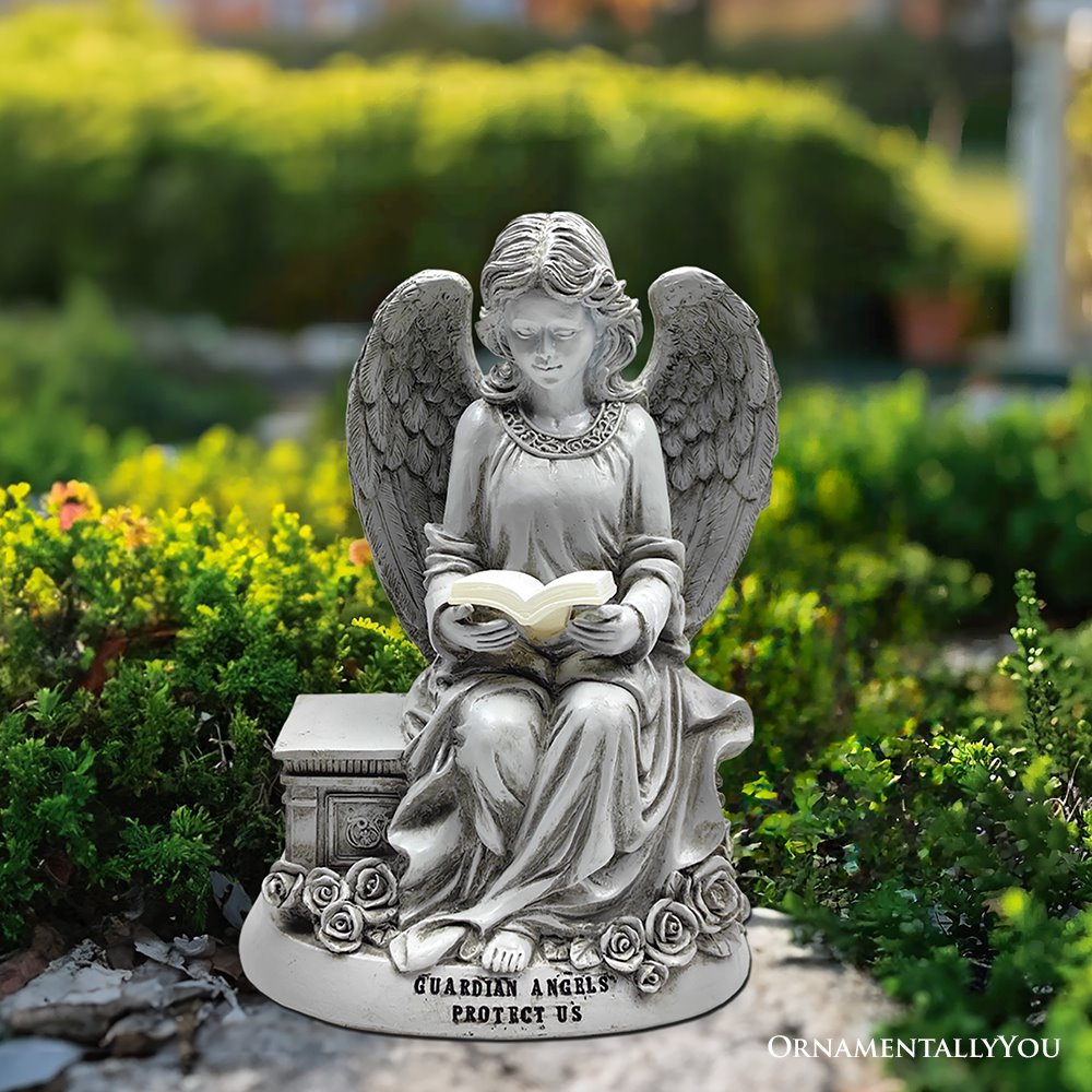 Guardian Angel Reading Book Garden Statue, 10" Solar Powered Angelic Outdoor Figurine