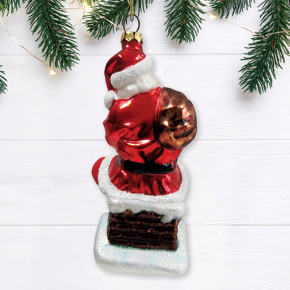 Santa Claus on Chimney Glass Christmas Ornament